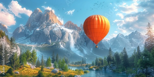 Colorful hot air balloon soars in a breathtaking summer landscape during a festival.
