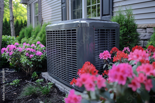 A split AC unit in a residential setting with a protective cage and surrounding nature. photo