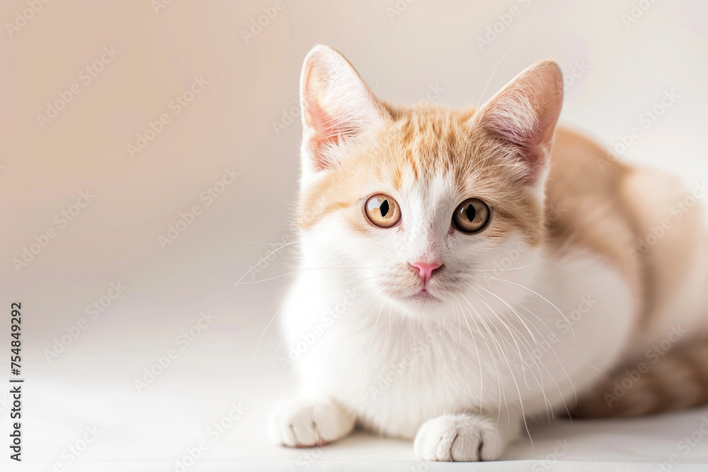 Adorable munchkin cat with short legs sitting on a light background