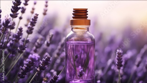 Lavender oil in a meadow with growing lavender.