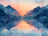 Watercolor Mountain Sunset Over Lake with Reflection, To provide a peaceful and calming art piece that can be used as wallpaper