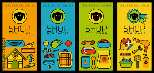 Série de 4 flyers colorés, illustrés de pictogrammes représentant divers accessoires pour les chats.