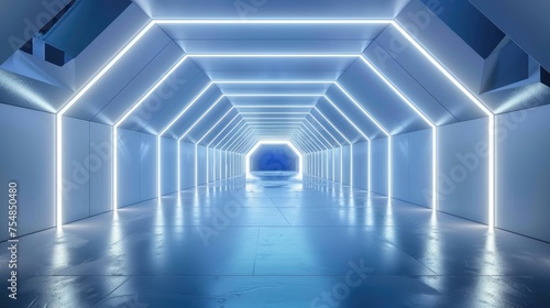 Blue white background, 3D room, light, abstract space technology, tunnel stage floor Futuristic 