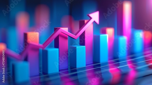The 3d growth business graph on success financial represents profit and revenue growth, accompanied by a hovering arrow indicating positive market trends