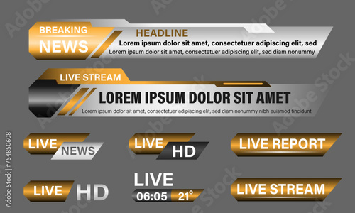 Broadcast News Lower Thirds Template layout gold grey set collection design banner for bar Headline news title, sport game in Television, Video and Media Channel vector