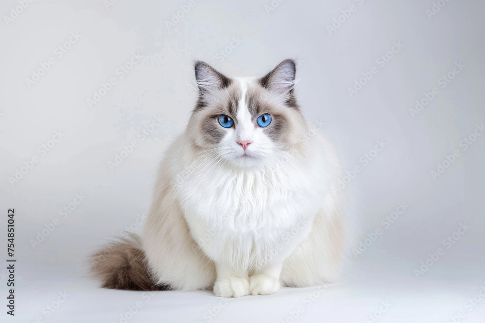 Fluffy ragdoll cat with blue eyes sitting on a light background