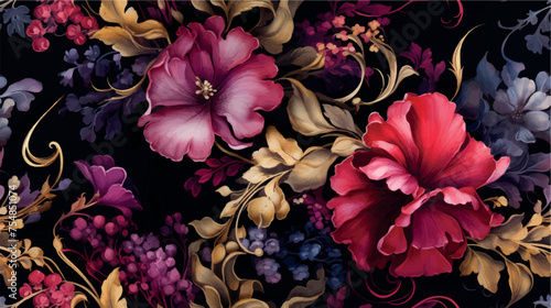Luxurious floral 3d wallpaper with a pattern of flowers in rich colors on a black background vector. Dramatic floral abstraction, ornament, pattern, art illustration. Luxurious black floral print. #754851074