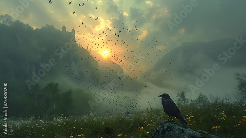 Close-up of a black raven with a ruined medieval castle in the background