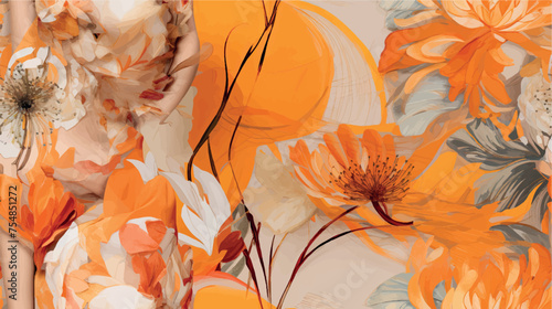 Luxury floral 3d wallpaper with orange and yellow floral pattern background. Dramatic floral abstraction of orange flowers, ornament, pattern, art illustration. Luxurious floral print on fabric, paper
