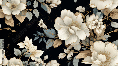 Luxurious floral 3d wallpaper with a pattern of flowers in rich colors on a black background vector. Dramatic floral abstraction, ornament, pattern, art illustration. Luxurious black floral print.