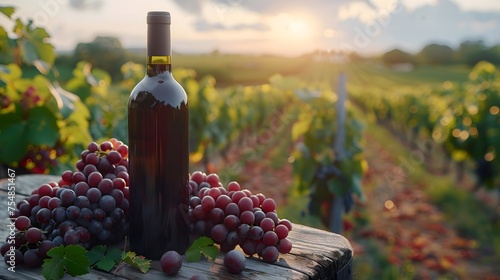 Commercial photograph of a bottle of red wine with grapes around it in a vineyard. Image of the wine industry photo