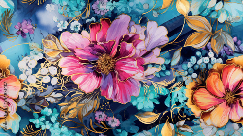Luxurious floral 3d wallpaper patterned in rich bright colors with elements of gold. Dramatic floral abstract, ornament, pattern, art illustration. Opulent floral print for fabric, paper, stationery.