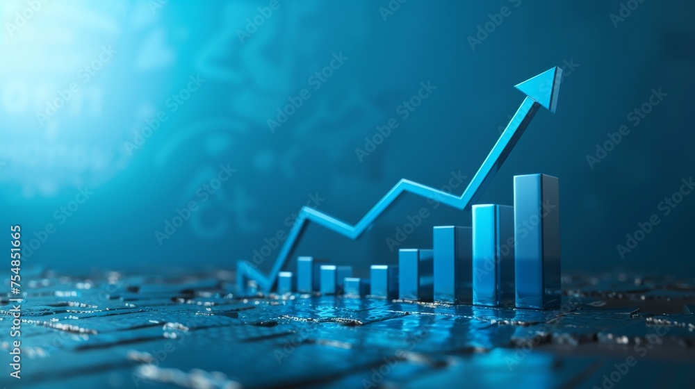 The 3d growth business graph on success financial represents profit and revenue growth, accompanied by a hovering arrow indicating positive market trends - obrazy, fototapety, plakaty 