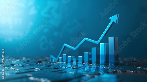 The 3d growth business graph on success financial represents profit and revenue growth, accompanied by a hovering arrow indicating positive market trends photo