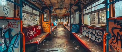 graffiti on the interior of a bus car train interior in graffiti abandoned. An abandoned and deteriorated train with graffiti. Generative ai photo