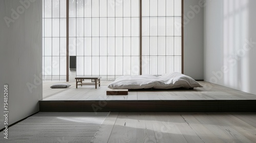 Modern Japanese Bedroom with Tatami Mat Flooring AI Generated.