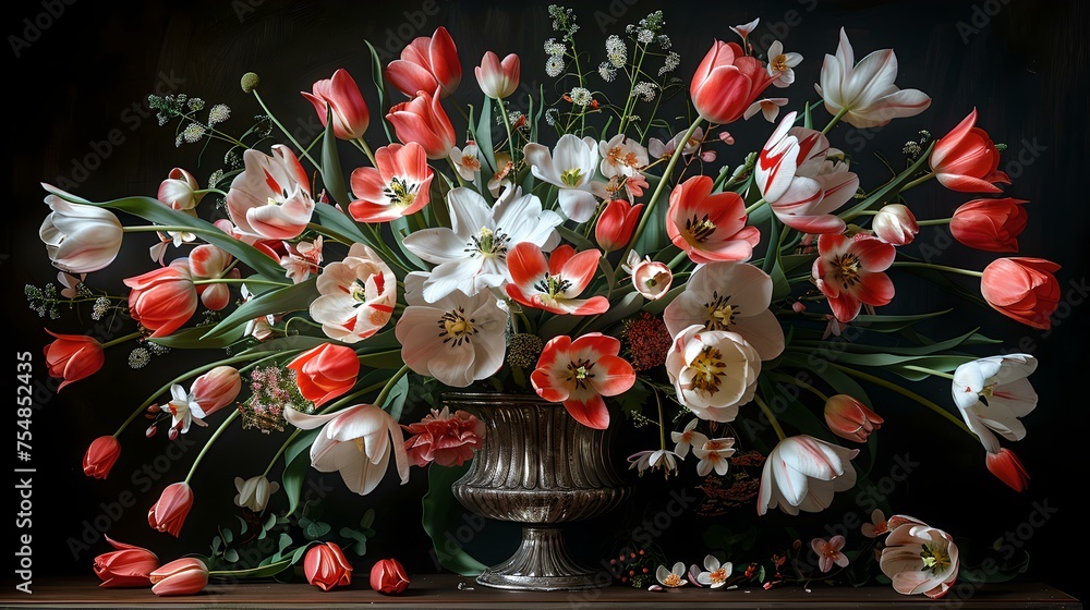 Naklejka premium Vibrant tulips in a classic vase, an artistic floral arrangement. perfect for greetings or decoration. serene beauty captured. AI