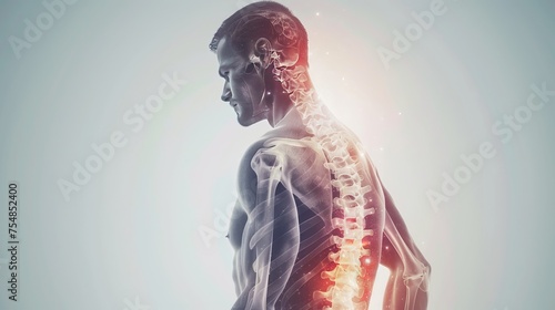 3D representation of an x-ray showing a man with a protrusion, hernia, back pain, and a curved spine. photo