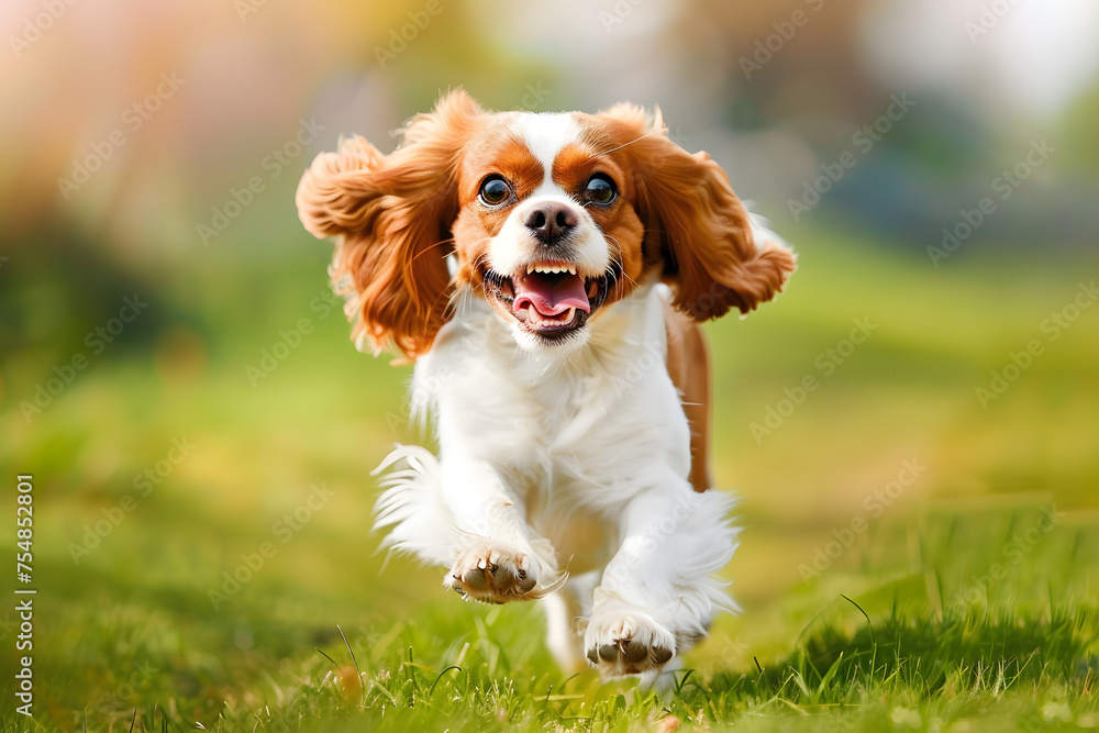 Happy cavalier king charles spaniel dog running on a green field on a sunny day Happy cavalier king charles spaniel dog running on a green field on a sunny day