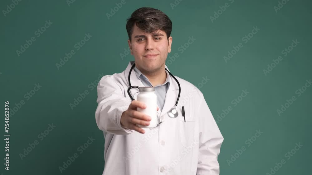 Ethnic young man doctor in white robe offering medicine on green Ethnic young man doctor in white robe offering medicine on green
