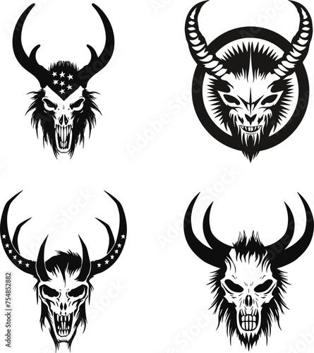 Arrangement of a logo in the death metal style, depicted in black and white. Devil head, Logo, icon, vector illustration