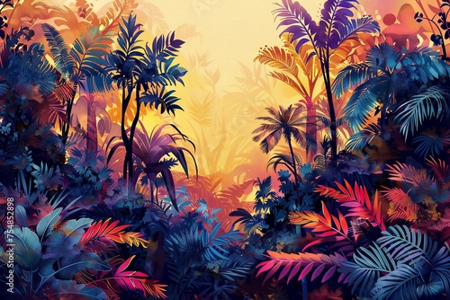 Vibrant digital artwork depicting a tropical jungle 