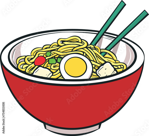 Illustration of a bowl of ramen noodles in a cartoon style, depicted as a vector image.