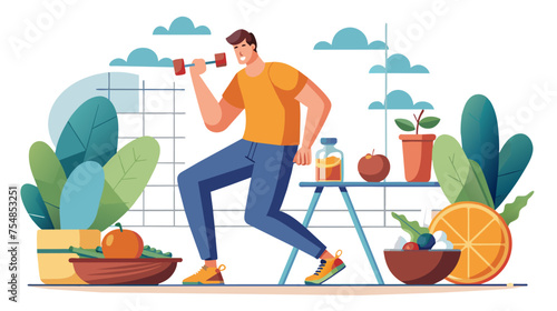 A man is lifting weights in a room with a table full of fruits and vegetables