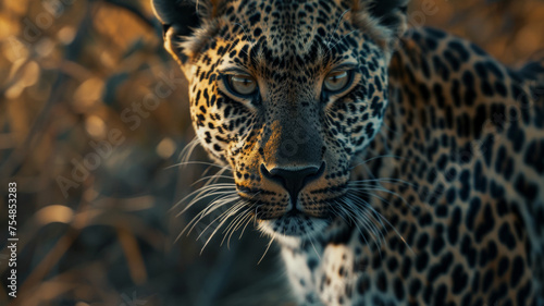 Intense gaze of a leopard camouflaged amid the golden tones of the savannah.