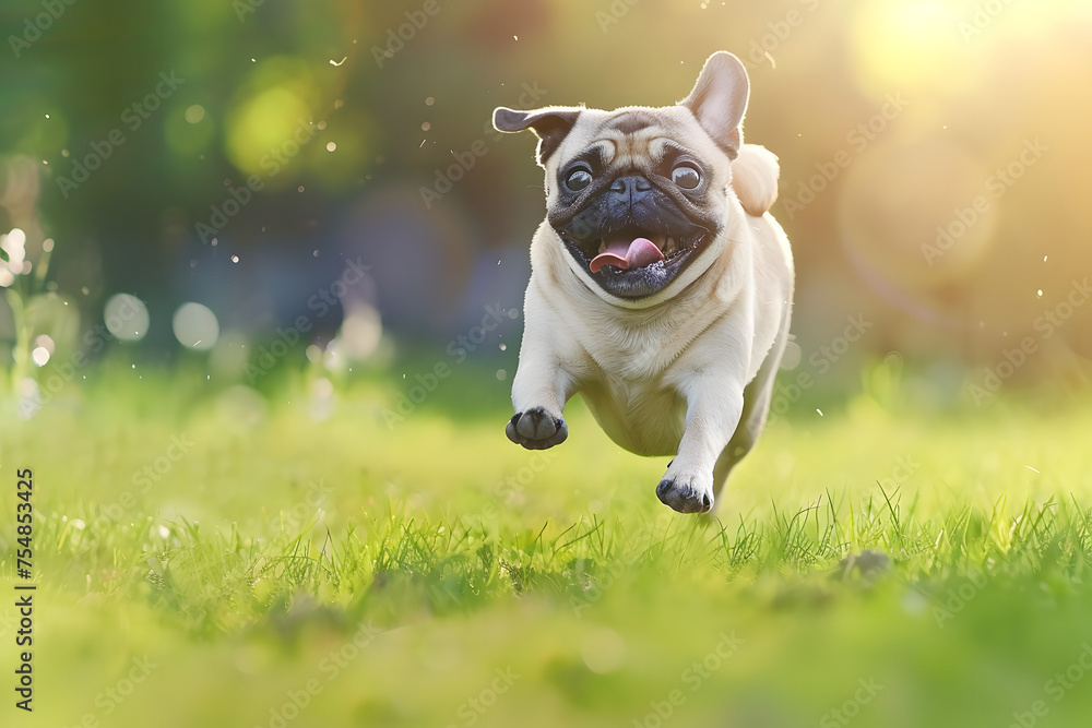 Happy pug dog running on a green meadow on a summer day 