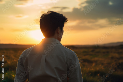 男性, 男性の後ろ姿, 夕焼け, 夕陽, 夕陽を眺める男性, 自由, 男性のシルエット, Male, male back view, sunset, sunset view, men watching sunset, freedom, silhouette of man