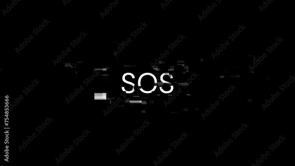 SOS text with screen effects of technological failures. Spectacular screen glitch with various kinds of interference. Looped SOS text with screen effects of technological failures. Spectacular screen glitch with various kinds of interference. Looped
