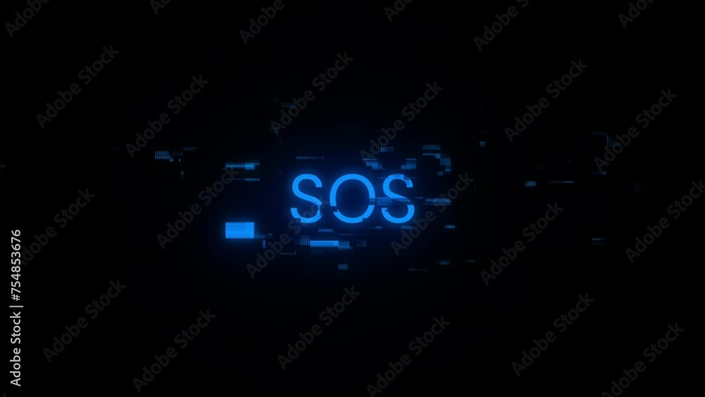 SOS text with screen effects of technological failures. Spectacular screen glitch with various kinds of interference. Looped SOS text with screen effects of technological failures. Spectacular screen glitch with various kinds of interference. Looped