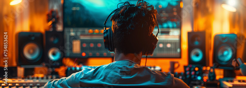 Man wearing headphones sitting in front of computer screen with Capcut video editing photo