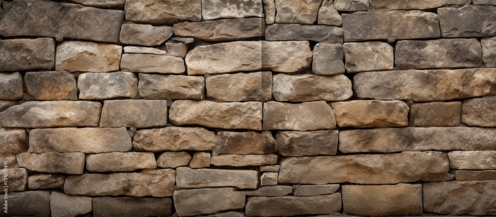 A close-up view of an old stone wall built entirely from small rocks. The rocks are tightly packed together to form a sturdy and historical structure.