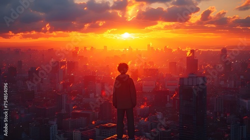 Young man with his back turned in front of a large city at sunset