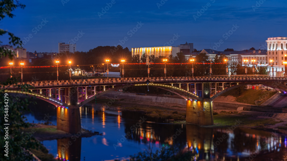 View of the bridge over the Dvina river at night in Vitebsk
