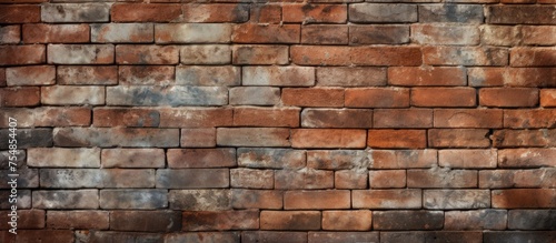 A brick wall showing a blend of red and gray colors, providing a striking visual texture. The pattern of bricks adds depth and dimension to the surface, creating an industrial and urban feel.