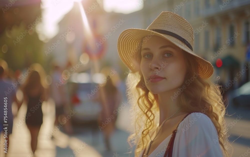 A multiracial woman in a hat is standing on a bustling city street
