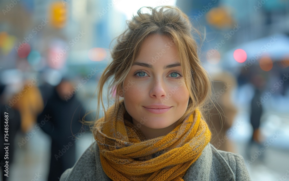 A multiracial woman wearing a scarf around her neck, standing in a neutral pose A multiracial woman wearing a scarf around her neck, standing in a neutral pose