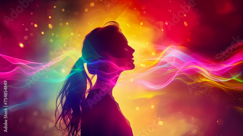 A woman's silhouette with colorful wavy lines flowing around her in a dark, dreamy background