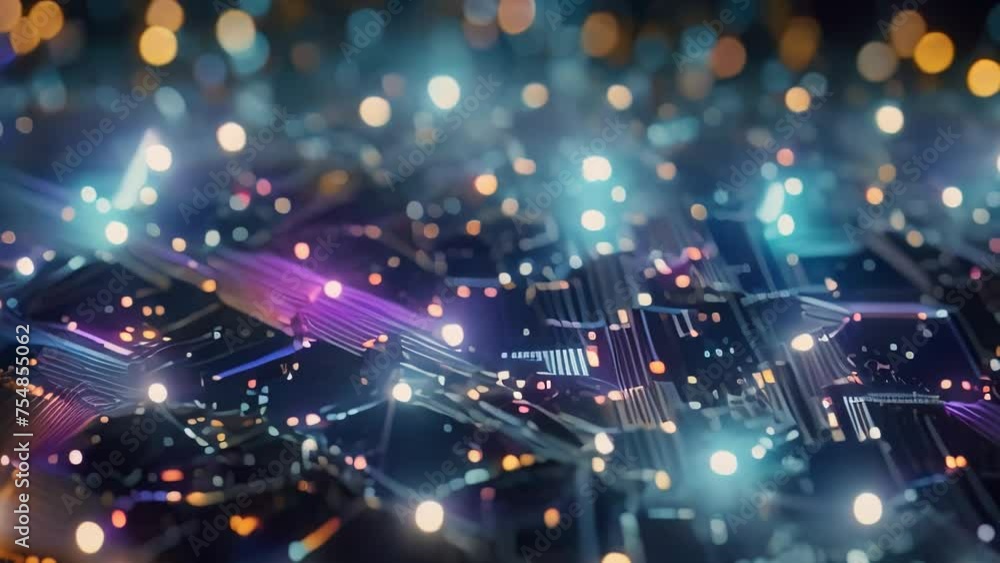 Video animation of close-up view of a circuit board illuminated by multicolored lights. Various electronic components and pathways are visible on the circuit board Video animation of close-up view of a circuit board illuminated by multicolored lights. Various electronic components and pathways are visible on the circuit board