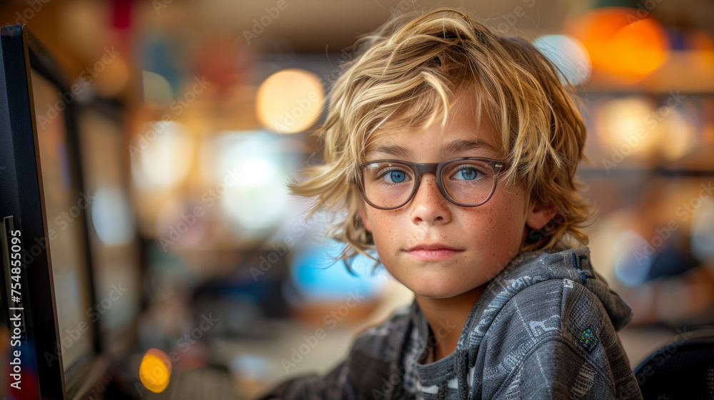 Thoughtful pre-teen boy with glasses in a contemplative mood.