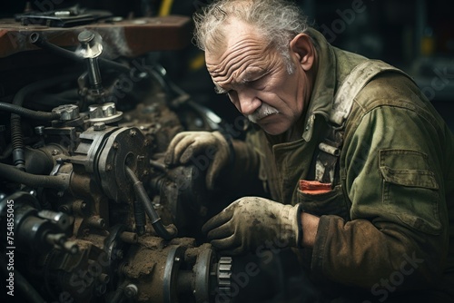 Meticulous Elderly man mechanic repairing equipment. Senior male working in automotive garage service. Generate ai