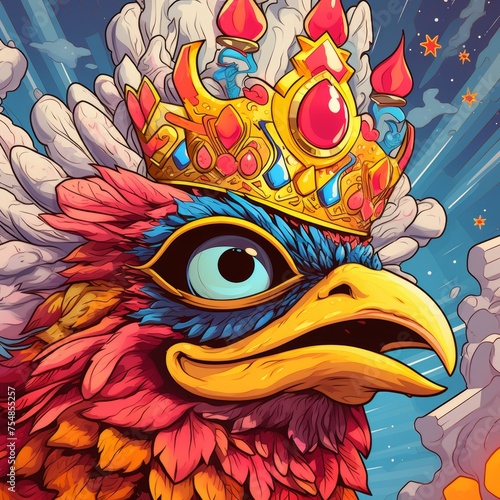 Close up at face of A Chicken Demon King wearing a crown in a colorful suit laying down in the style of psychedelic illustration