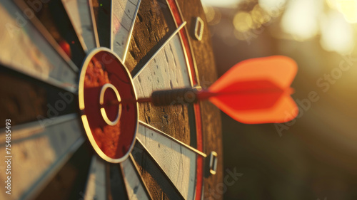 Dart precisely hitting the bullseye on a worn dartboard, symbolizing success.