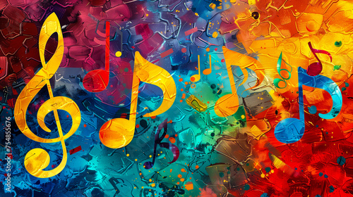 colorful painting of musical notes and clefs with a vibrant mix of blue, red, and yellow tones