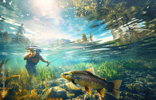 fishing underwater view with fly fisherman and big trout  fishing in the river on a sunny day