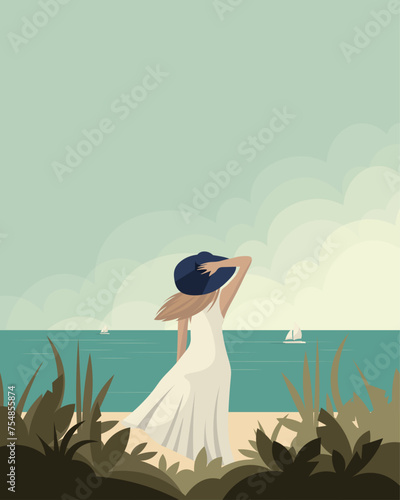 Girl on the beach, hello summer poster, postcard, vertical banner.