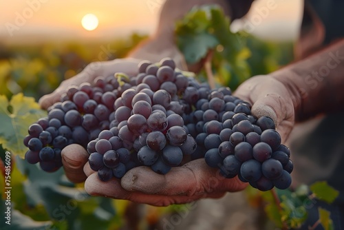 Close-up of hands picking grapes harvested in a vineyard at sunrise